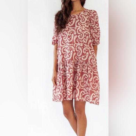 Matta Dresses & Skirts - Matta Short Sleeve Dress Sz Medium Brown Burgundy Cream 100% organic cotton
